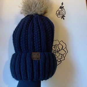 Women's C.C Sherpa Lined Pom Beanie Navy Blue